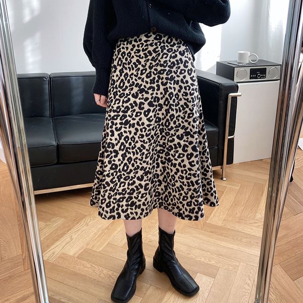 

new 2021 spring high vintage a-line fashion stretch waist women leopard print long skirt jupe femme saia pbl1, Black
