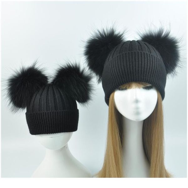 

parent-child baby hats 2pcs mother and baby warm winter knitted hats double fur pom pom bea qyllpr, White