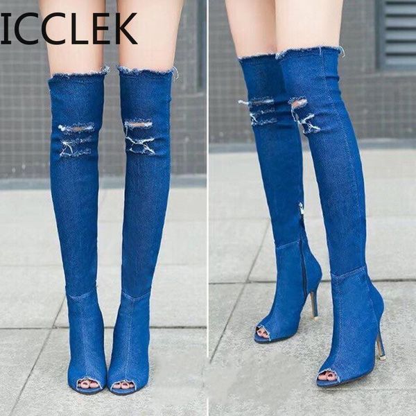 

boots 2021 denim over knee women pumps fashion open sock high heel zipper side winter ladies shoes, Black