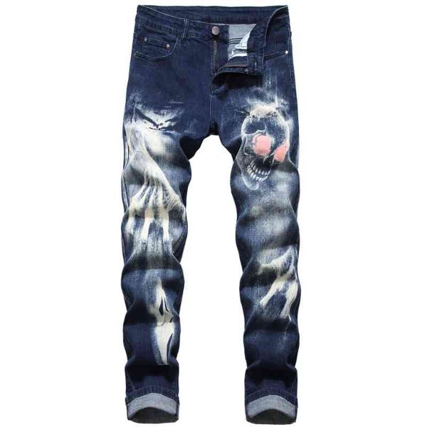 

2021 cool design 3d skull print punk men vintage pencil jeans trousers dark streetwear hip hop slim women denim pants for teens, Blue