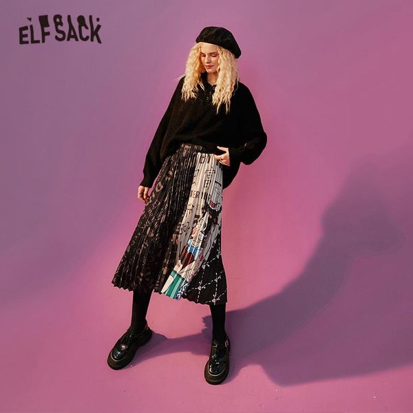 

elfsack original graphic high waist casual women midi skirts 2021 winter elf contrast mesh korean ladies daily pleated bottom, Black
