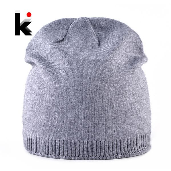 

female autumn winter knitted hats for women solid color double lining knit beanie ladies skullies beanies soft caps bonnet y201024, Blue;gray