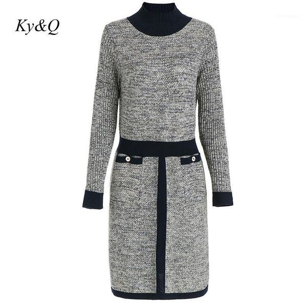 

2019 brand fashion women o-neck autumn winter long color matching slim knit pullover elegant professional dress luxury sweater1, White;black