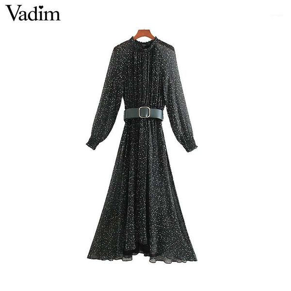 

vadim women elegant print midi dress long sleeve elastic waist belt design female casual cozy mid calf dresses vestidos qd1491, Black;gray