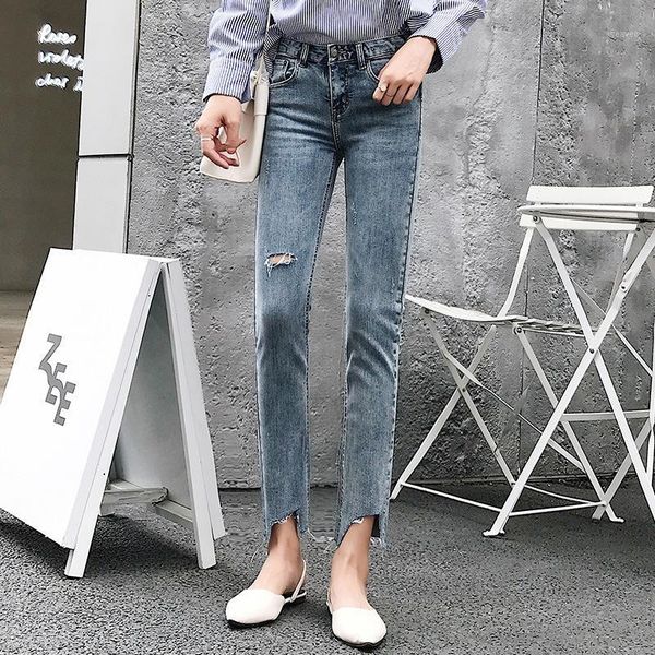 

irregular ripped straight denim pants for women summer autumn streetwear cropped retro high waist ankle length jeans1, Blue