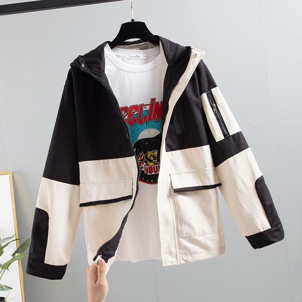 

harajuku spring autumn coat women windbreaker outerwear female hooded jacket korean big size loose patchwork student short coat1, Black;brown