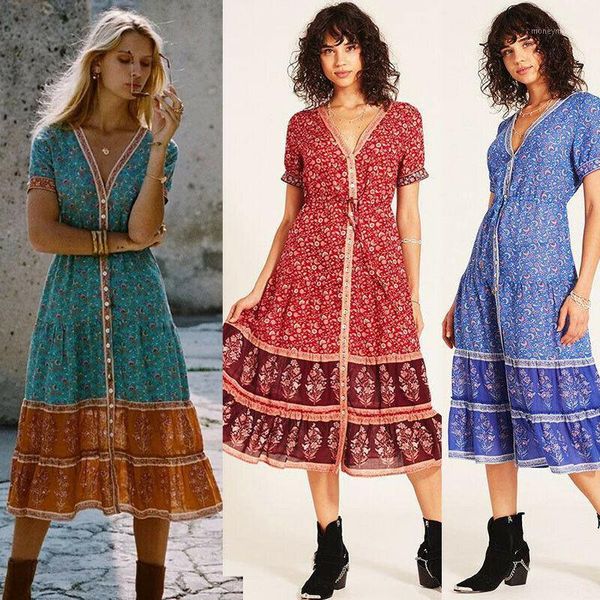 

women floral chiffon dress clothes short sleeve vintage boho long split dress summer print v neck holiday dresses1, Black;gray