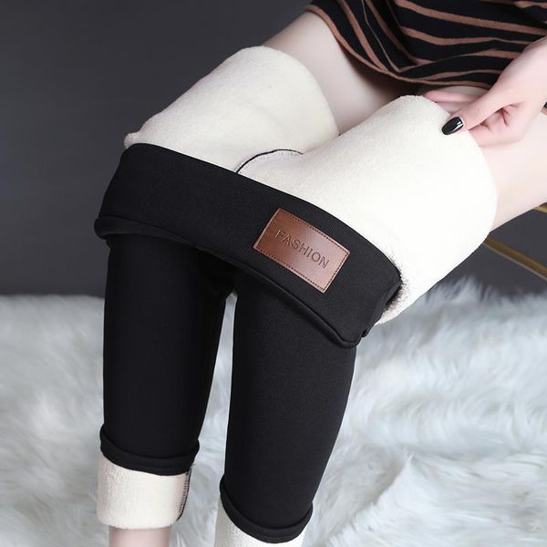 

plus size women's winter leggings 2020 new warm pants chic velvet thicken slimming cashmere warmed leggings with fleece female, Black