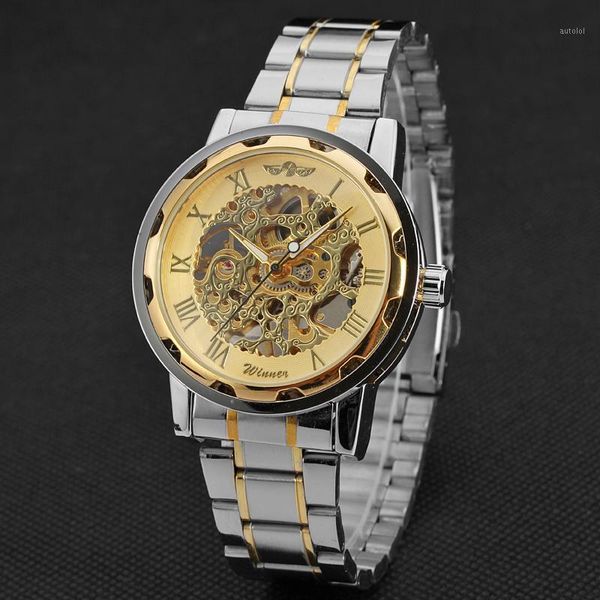 

winner classic mechanical men watch masculino relogio movement stainless steel mens skeleton watches luxury automatic wristwatch1, Slivery;brown