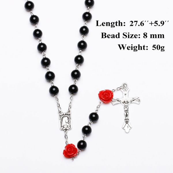 

unique design red rose black pearl cross rosary catholic prayer virgin christian necklace for religious 50pcs/lot, Silver