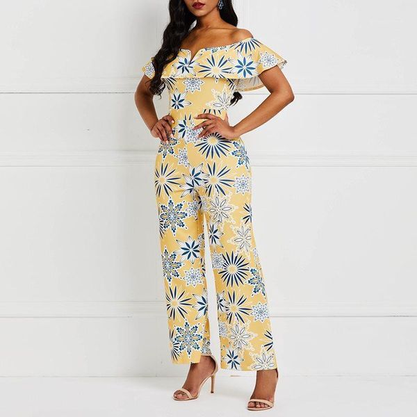 

summer off shoulder casual long jumpsuit women backless ruffle boho floral print african ladies holiday wide leg jumpsuits1, Black;white