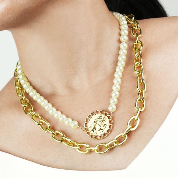 

european and american all-match new pearl all-match necklace female vintage alloy pendant multistory necklace clavicle chain, Silver