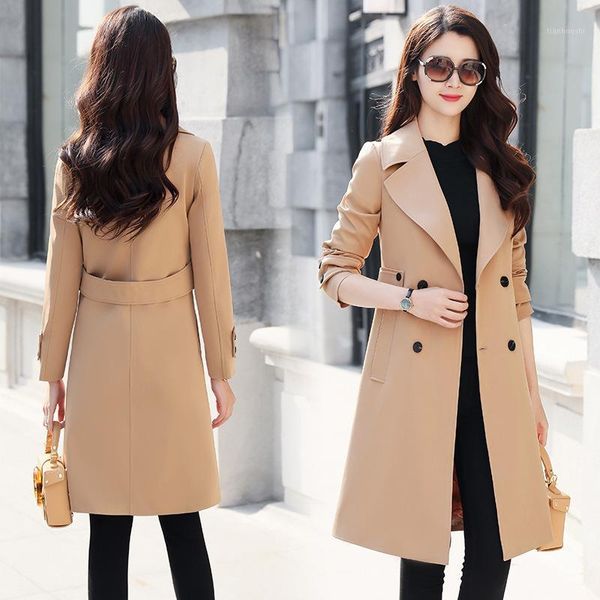 

trench coat women's mid-length double-breasted belt stitching spring autumn slim knee-length fashion windbreaker coat 2020 z7561, Tan;black