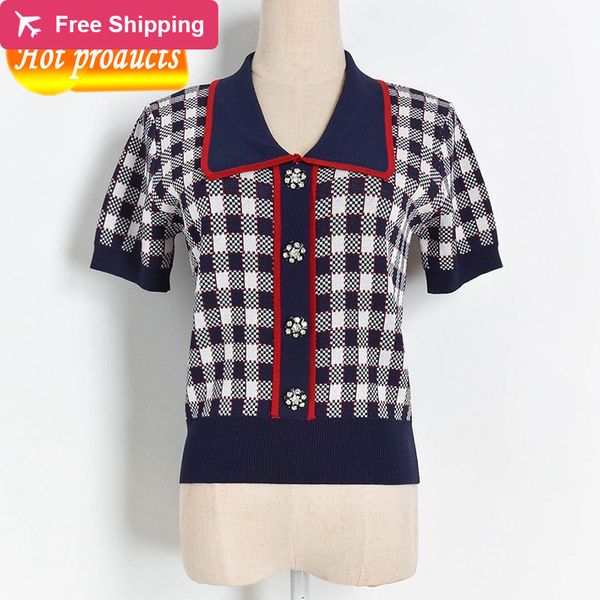 

2021 Vintage Plaid England Women's Blouses Will See New Viscose Contrast Color Kintted Tops Elegant Diamond Button Short Sleeve Sweater BT44, White;black