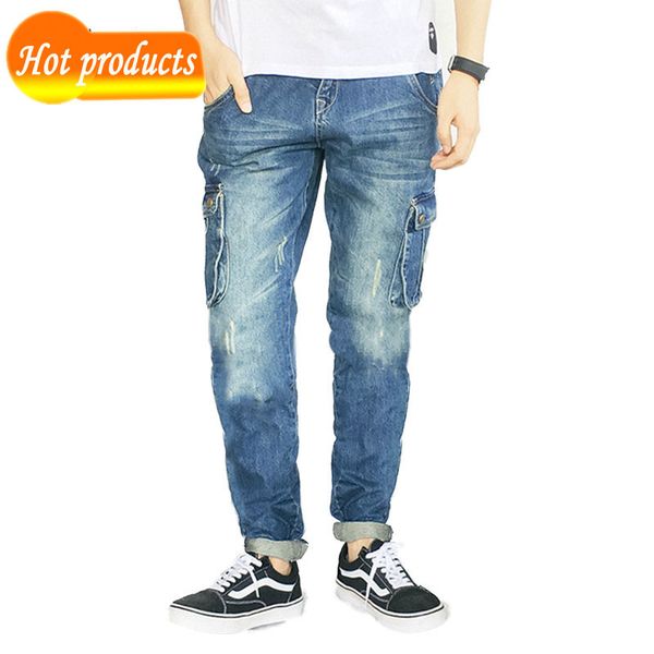 

casual blue straight multi-pocket retro nostalgic plus size 28-40 jeans kppv