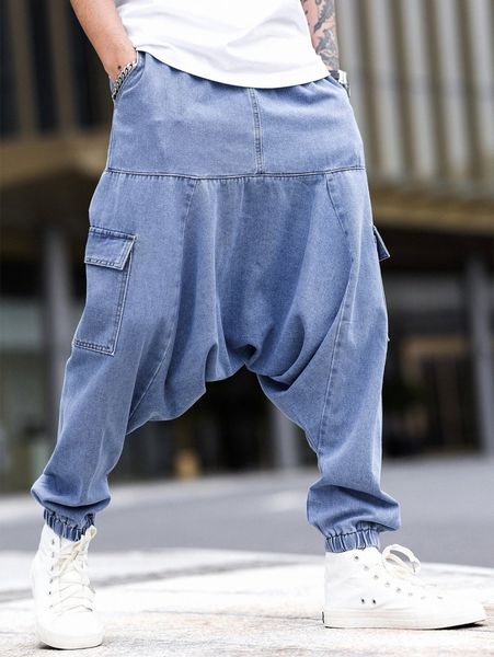 

men flap pocket side drop crotch jeans k7qd#, Blue