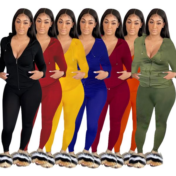 

solid color skinney 2pcs suits sport zipper coat womens designer tracksuits fashion casual ladies clothing pants set, Gray