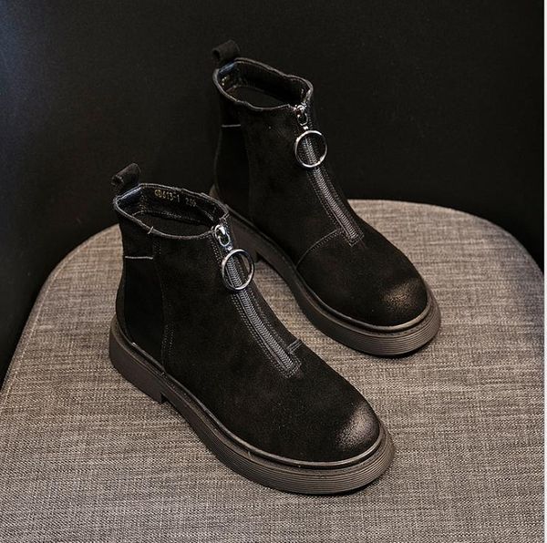 

new autumn and winter single boots front zipper women's boots round head with winter thick with plus velvet martin, Black