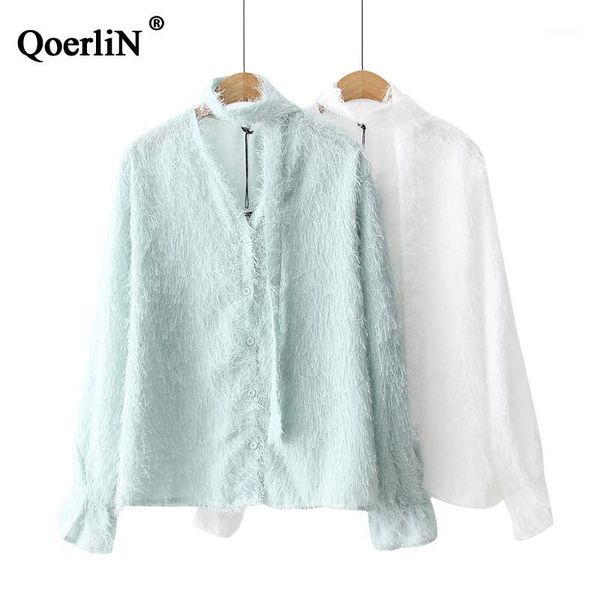 

qoerlin autumn winter elegant sweet v-neck lace shirt female feather tassel chiffon girls s-l1 women's blouses & shirts, White
