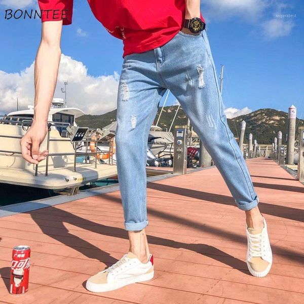 

men jeans blue ripped ankle-length korean chic loose vintage holes mens trousers hip-hop leisure ins retro new simple bf1