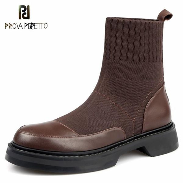 

prova perfetto 2020 ткань boots женщины зима keep warm круглый toe ретро zapatos de mujer мода нескользящие тонкий knit короткие сапоги, Black