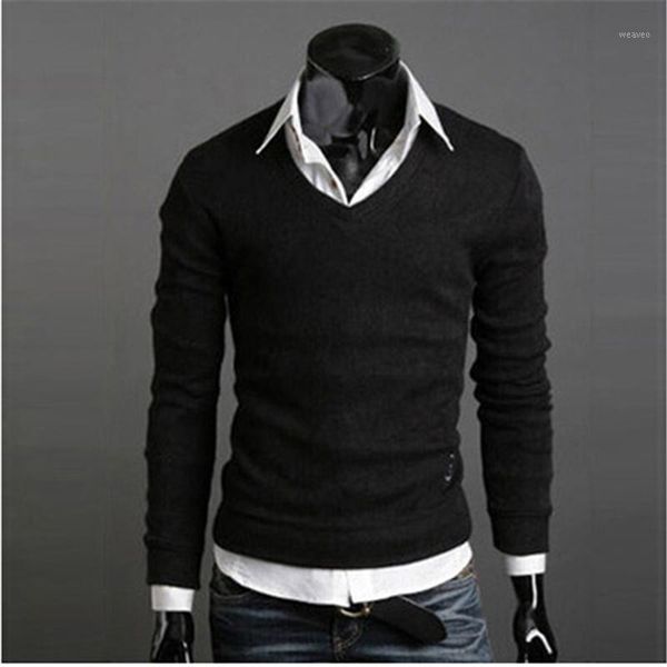 

men's autumn winter sweater thickened v-neck sweater men knitting solid color british style men clothing1, White;black