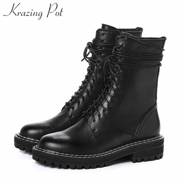 

krazing pot fashion popular lace up cow leather boots round toe thick bottom side zip winter warm women mid-calf boots l25, Black