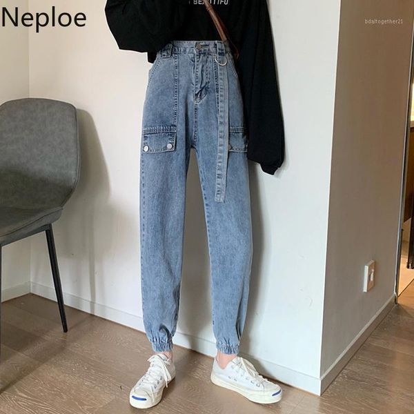 

women's jeans neploe high waist denim pants women fashion zipper button ladies trousers loose casual ankle length office lady 1a5871, Blue