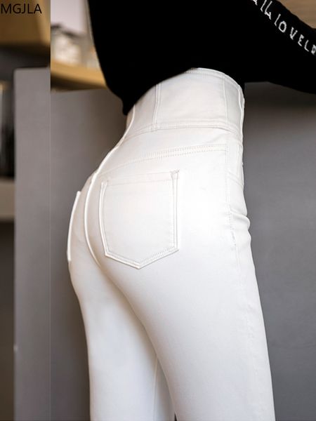 

white jeans women's autumn / winter 2020 new elastic high waist, slim and tight feet, easy to wear with plush woman pants, Blue