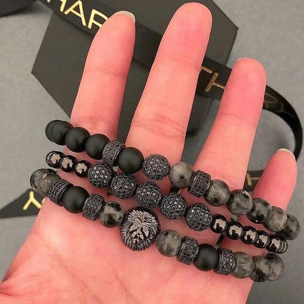 

luxurious new 3pcs/set men bracelet stainless stell roman bangle crown lion charm bead bracelet for men fashion jewelry y200730, Black