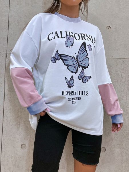 

butterfly & letter graphic drop shoulder colorblock sweatshirt m0k5#, White;black