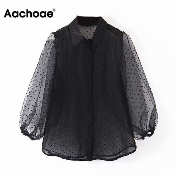 Aachoae Dot Ricamo Donna Organza Camicetta 2020 Manica Lantren Nero Vedere Attraverso Top Chic Casual Camicia con colletto rovesciato Blusas LJ200813