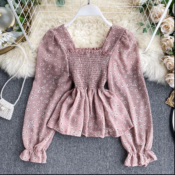 

women chic gorgeous sweet retro square collar elastic waist chiffon shirt lady long sleeve korean fashion clothing blouse l258, White