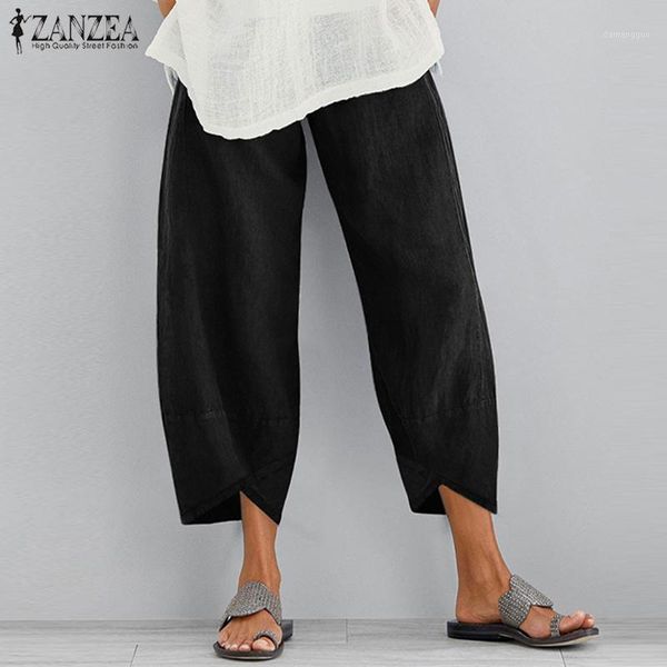 

zanzea women cotton linen wide leg pants ladies asymmetric long trousers elastic waist vintage pockets cargo pants streetwear1, Black;white
