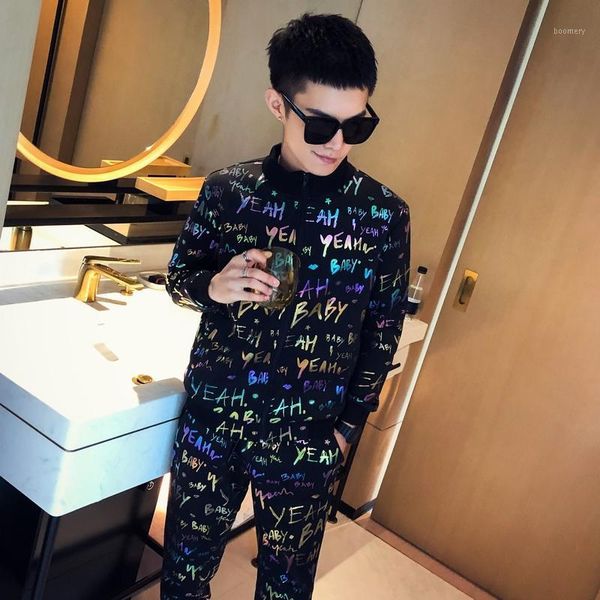 

2020 ropa chandal homb men colorful stamping flower set for men letter 2 piece sets sport suit jacket + pants moda hombre1, Gray