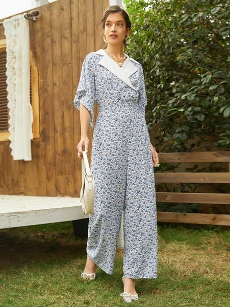 

notch neck butterfly sleeve ditsy floral jumpsuit g6lv#, White