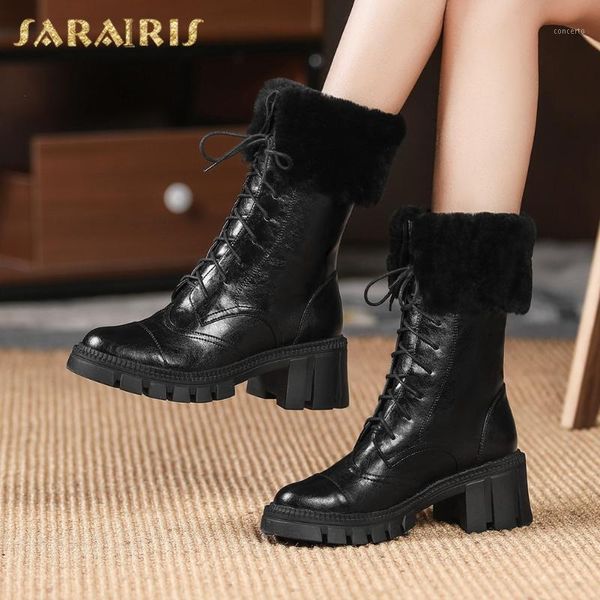 

sarairis 2021 fashion skidproof cross tied boots woman shoes comfy genuine cow leather lady boot chunky heels ladies boot1, Black