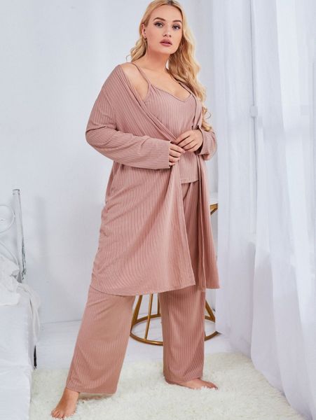 

plus 3pcs ribbed knit belted pj set 42ci#, Black;white