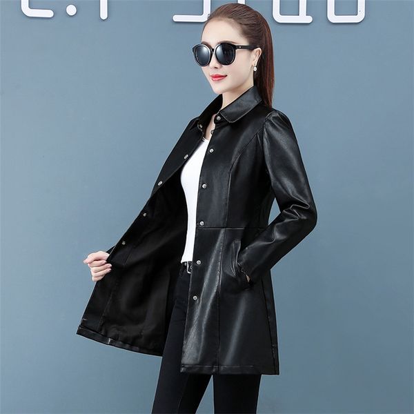 

2021 new female jacket caramel m-4xl plus size winter fashion fine long from fake women's leather hdrw, Black