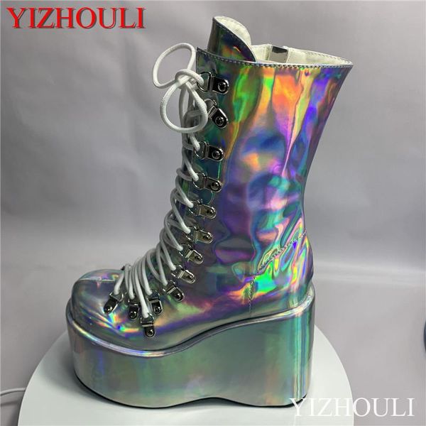

boots women's wedge heel ankle boots, shiny 12.5cm high heels, thick heels with zipper split, Black