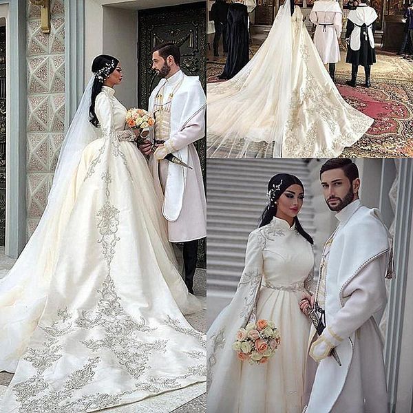 

vintage arabic muslim embroidery wedding dresses a line high neck long sleeves modest vestidos de novia kaftan wedding gowns bridal dress, White
