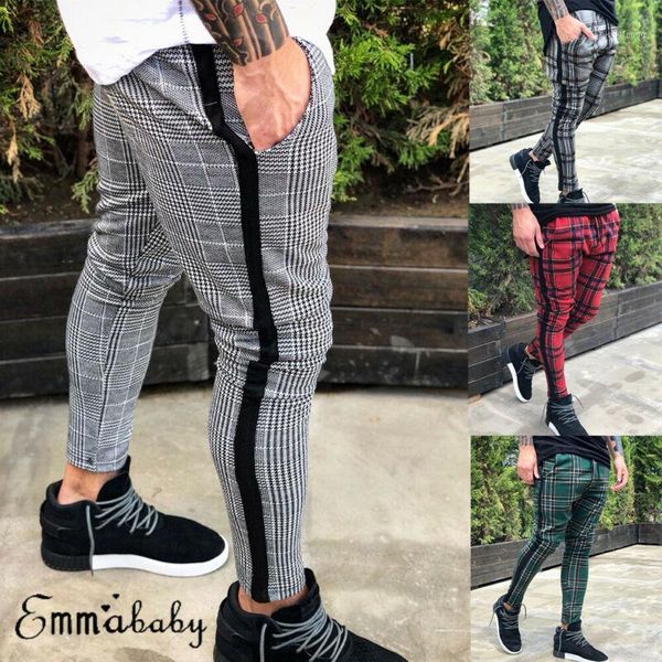 

men fashion stretch skinny slim fit pants contrast plaid trousers male smart casual pants red green gray1, Black