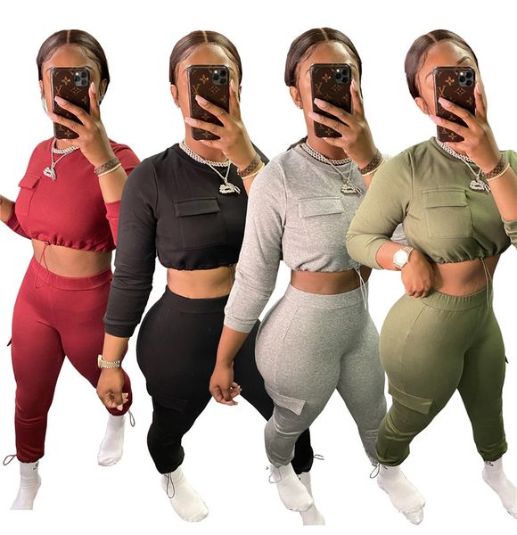 

long sleeve crew neck multi pocket womens two piece sets solid color fashion casual women tracksuits, Gray