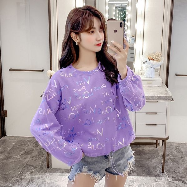 

korean color alphabet printed round neck sweater sweatert-shirt sweaterfor women early autumn new loose t-shirt for students large long, Black
