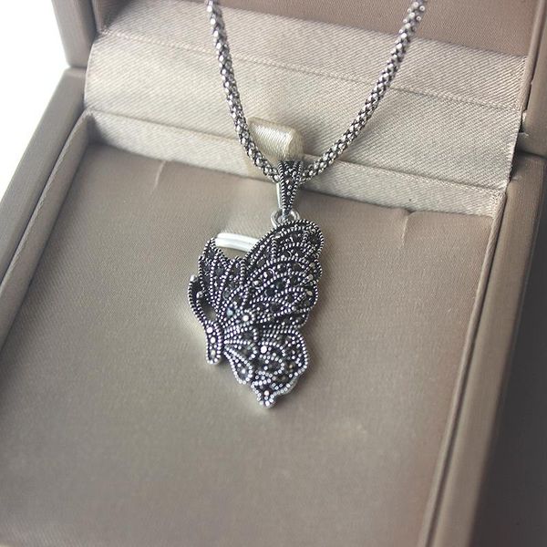 

vintage black rhinestone butterfly pendant necklace retro jewelry for women, Silver