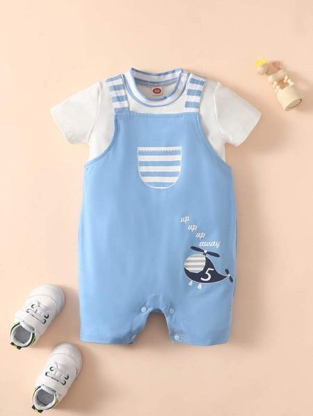 

baby contrast trim tee & plane print overall she, Blue