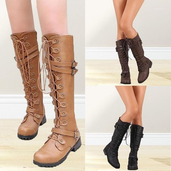 

boots women knee high vintage punk gothic lace-up buckles winter long slim low heel western combat female1, Black