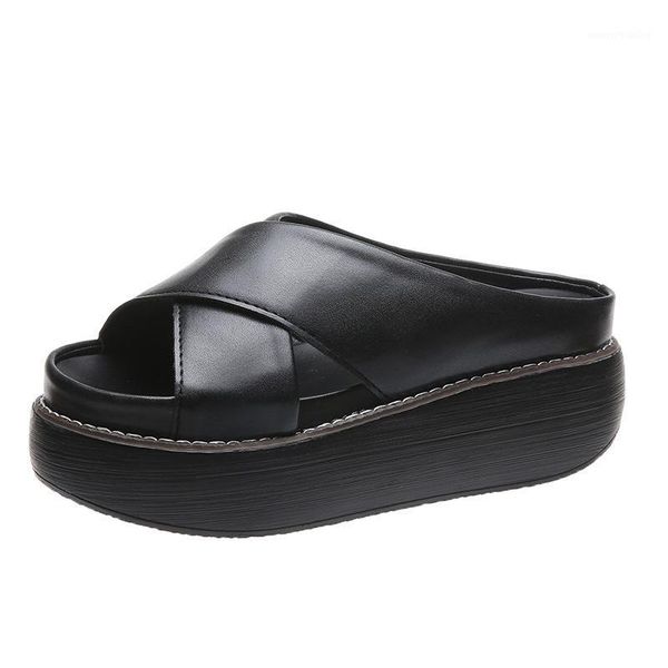 

plus size women leather platform sandals peep-toe slip-on wedges ladies casual high heels shoes summer party punk roman slippers1, Black
