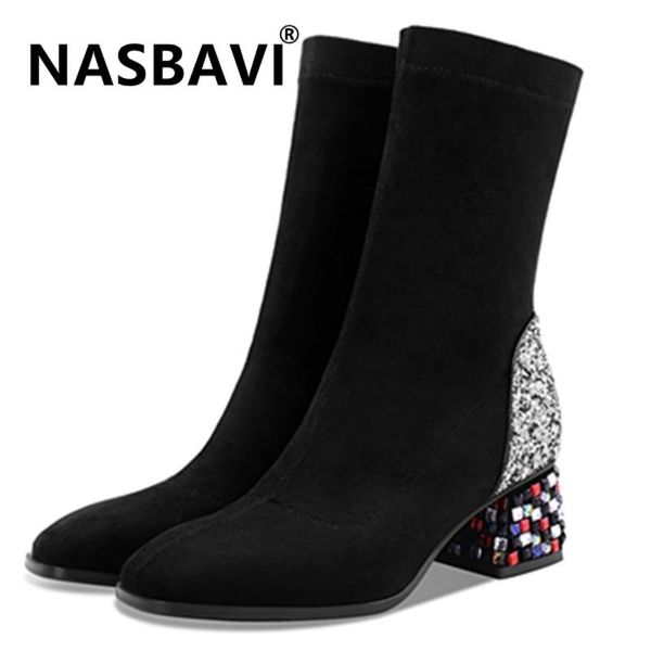 

2020 autumn women square toe boots suede stretch warm short plush mid-calf boots colorful diamond high heels sequin ladies shoes, Black