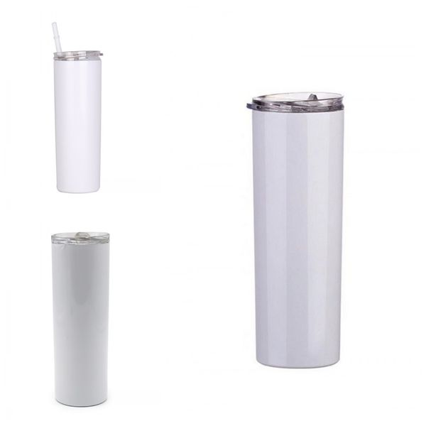

white straight skinny tumbler 20oz 600ml sublimation mugs plastic straw transparent lid cups drink stainless steel portable outdoors g2